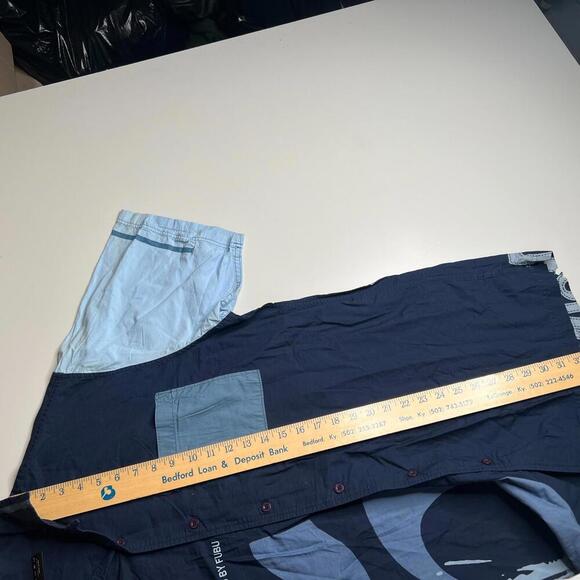 Vintage FUBU The Collection Button Up Shirt Men’s L Blue Patchwork Graphic - Picture 2 of 11